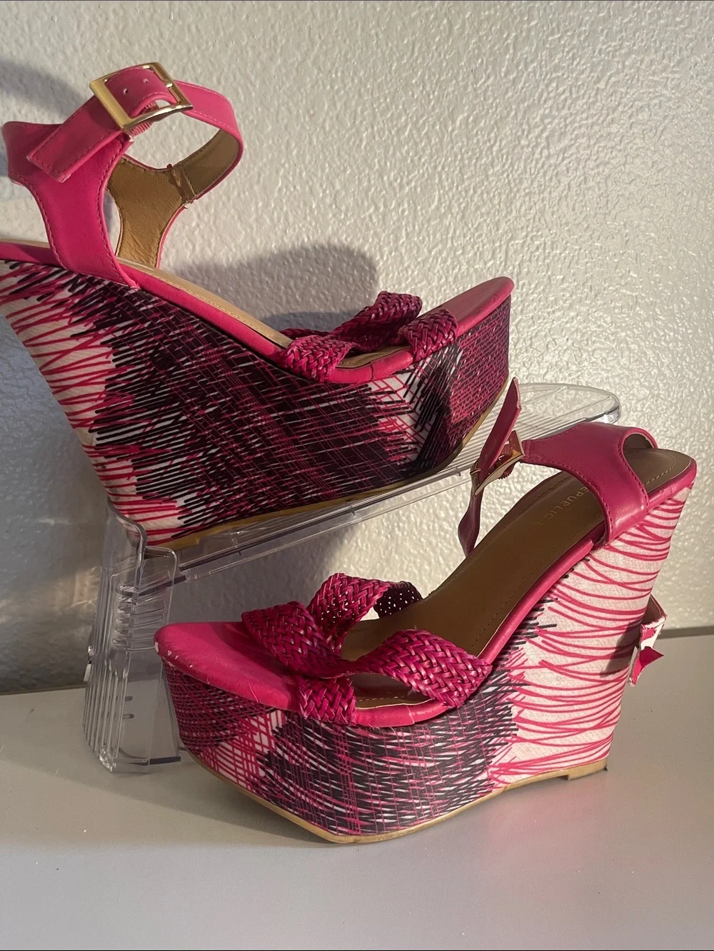 Shoe Republic LA Vibrant Hot Pink Braided Wedge Sandals